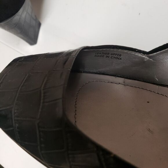 Tahari Women's Open Toe Black Suede Leather Croc Print Accent Heel Sz 10 PO Good - Picture 14 of 14